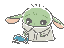 A small green alien in a robe looks down at a tiny blue frog that hops away.