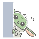 A small green creature with large eyes and ears peeking around a gray wall.