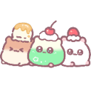 Three round, cute creatures with dessert toppings like cherries and whipped cream sitting together.