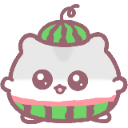 A round white creature with large eyes wearing a green watermelon hat and matching watermelon-patterned base.