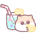 A round, cute creature holds a lemon slice next to a glass of lemonade with a striped straw.