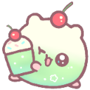 A round, pastel green creature with a happy expression holding a cupcake topped with a red cherry.
