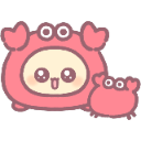 A large pink cartoon crab with a wide happy expression standing next to a smaller matching crab.