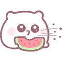 A round white creature with a happy expression eating a slice of watermelon.