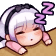 Anime girl resting her head on a surface with purple Z symbols floating above her head.