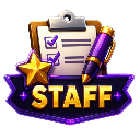 A purple badge featuring a clipboard with checkmarks, a pen, and a gold star.