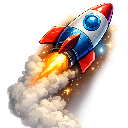 Rocket ship blasting off with a bright orange flame and smoke trail.