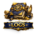 A blue fantasy book with gold trim and a compass emblem resting on a pile of scrolls and gold coins with the word LOGS on a …