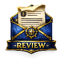 A blue and gold envelope with a document inside and a banner underneath that says REVIEW.