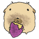 A round, fuzzy creature with a brown face and body eating a purple sweet potato.