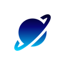 Planet with rings in a vibrant blue gradient style.