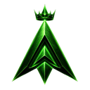 A sharp, glowing green arrow emblem topped with a small crown against a black background.