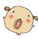 A round, light brown creature with pigtails and a wide, happy open mouth, blushing with bright pink cheeks.