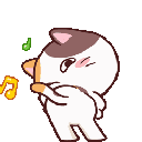 A cute calico cat dancing rhythmically with musical notes floating around it.