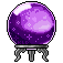 A purple crystal ball with a starry pattern resting on a silver stand in a pixel art style.