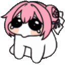 A pink-haired chibi character with teary eyes progressively disintegrating into black dust particles across four frames.