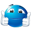 Blue smiley face with a wide grin giving a double thumbs up gesture.