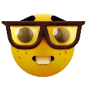 Nerd face emoji with thick brown-rimmed glasses and buck teeth.