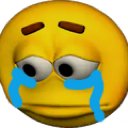 A yellow 3D smiley face with a sad expression and bright blue tears streaming down its cheeks.