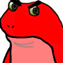 A red frog with a grumpy, suspicious expression and dark eyes.