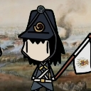 A chibi soldier in a dark uniform stands holding a small white flag against a blurred battlefield background.