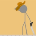 A gray stick figure wearing a brown cowboy hat walks while holding a gun.