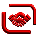 Handshake icon rendered in a bold red 3D style.