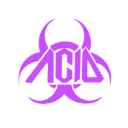 Biohazard symbol in neon purple against a black background.