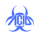 Biohazard symbol rendered in bright blue pixels against a solid black background.