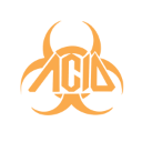 Biohazard symbol in orange pixels centered on a black background.