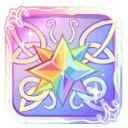 A vibrant rainbow-colored star sits centered on a purple background with decorative white filigree swirls.