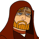 Obi-Wan Kenobi with a tired and annoyed expression wearing a brown hood.