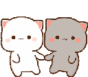 Two small cartoon cats, one white and one gray, holding hands and showing affection with small red hearts appearing above th…