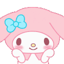 My Melody character with a blue bow puckering her lips for a kiss.