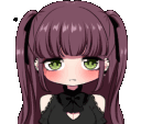 Anime girl with twin tails puckering her lips and blushing while hearts appear around her head.