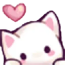 White kitten peeking upward with pink cheeks and a floating pink heart above its head.