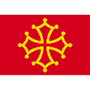 Occitan cross symbol in gold centered on a red background with black horizontal borders.