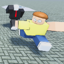 A blocky yellow character with a panicked expression sprinting away from a dark, suit-wearing figure.