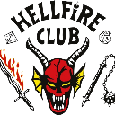Demon head with yellow wings and a flaming torch and spiked mace on either side.