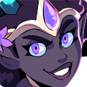 A fantasy character with dark skin and purple eyes wearing a crown and giving a smug, mischievous grin.