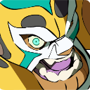 A masked luchador with a vibrant yellow and green mask grins wildly with an intense expression.