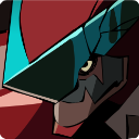 A character with a sharp, piercing eye looking out from behind a sleek, angular blue and red visor.
