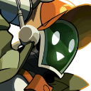 A masked character with a green visor and a wide, glowing white grin.