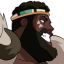 A side-profile of a bearded man with a headband and cheek markings, looking angry and shouting.