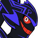 A dark creature with glowing red eyes and a wide, sinister grin.