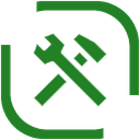 A green wrench and hammer crossed inside a rounded square frame.