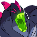 Monster with dark skin and pink spikes roaring with a glowing green mouth.