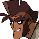 A stylized man with brown hair and white glowing eyes looking sternly to the side.