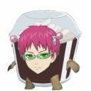 Anime character with pink hair and green glasses emerging from a chocolate dessert cup with a serious expression.