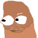 A crudely drawn brown face with large, misaligned eyes looking to the side with a slight smirk.